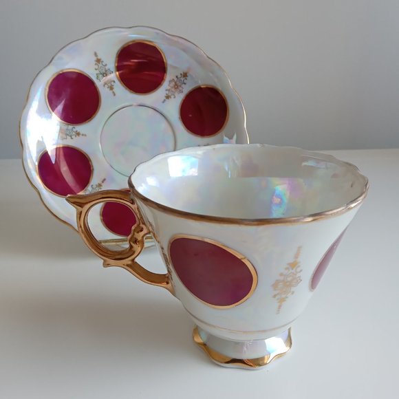 Lusterware Iridescent Pearl Glaze Footed Teacup & Saucer With Large Polka Dots - Picture 4 of 8